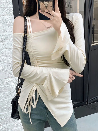 Haut court blanc à épaules dénudées avec cordon de serrage, élégant et sexy, pour femme, manches longues, T-shirt moulant, hauts à manches évasées, pulls.