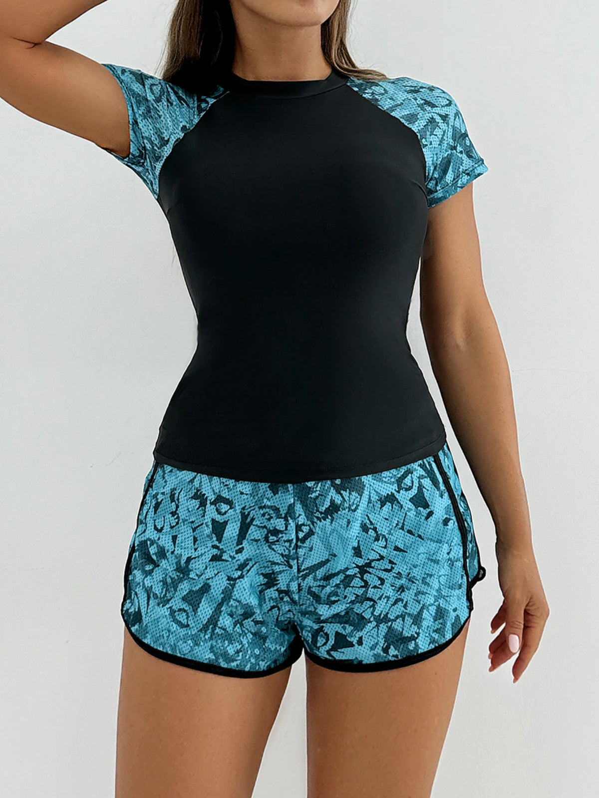 Sports Swimsuit for Women 2 Piece Swimsuit High Waist Tankini Short Sleeve Round Neck Patchwork Bikini Set Swimwear 2025 New