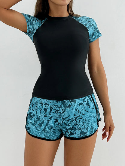 Sports Swimsuit for Women 2 Piece Swimsuit High Waist Tankini Short Sleeve Round Neck Patchwork Bikini Set Swimwear 2025 New