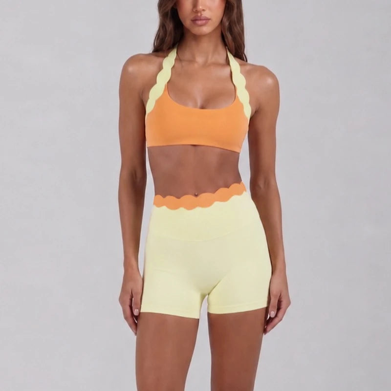 Women 2 Piece Yoga Set Contrast Scalloped Trim Halter Sports Bra Criss‑Cross Back High Waist Leggings Workout Clothes Gym Set
