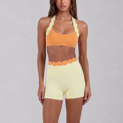 Women 2 Piece Yoga Set Contrast Scalloped Trim Halter Sports Bra Criss‑Cross Back High Waist Leggings Workout Clothes Gym Set