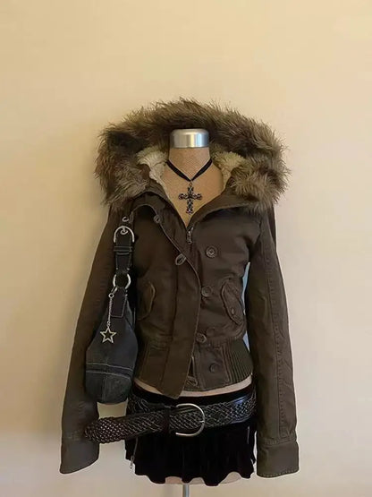 Women's Daily Commute Army Green Thicken with Fur Collar Warm Design Cardigan for Winter Harajuku Japanese Style Simple Jackets