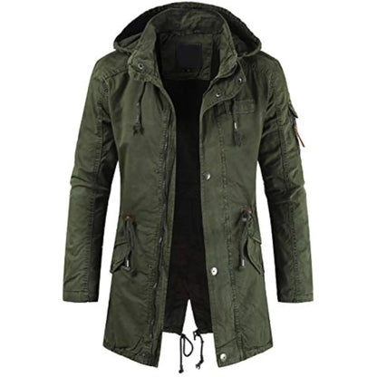 Men Long Cargo Parka Men's Spring Military Full-Zip Removable Hooded Cotton Mid-Long Parka Jacket Fleece Lined Plush Warm Coat
