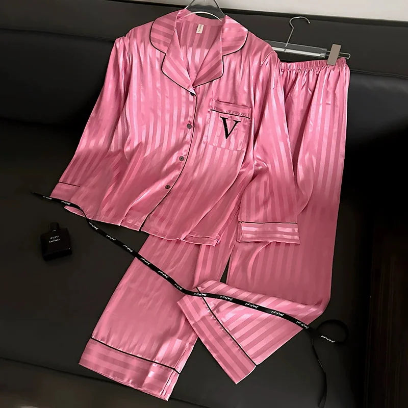 Women Two-Piece Pajamas Lady Sleepwear 2025 New Classic Female Housewear Simulated Silk Summer Cool Long Sleeve Trousers Suit