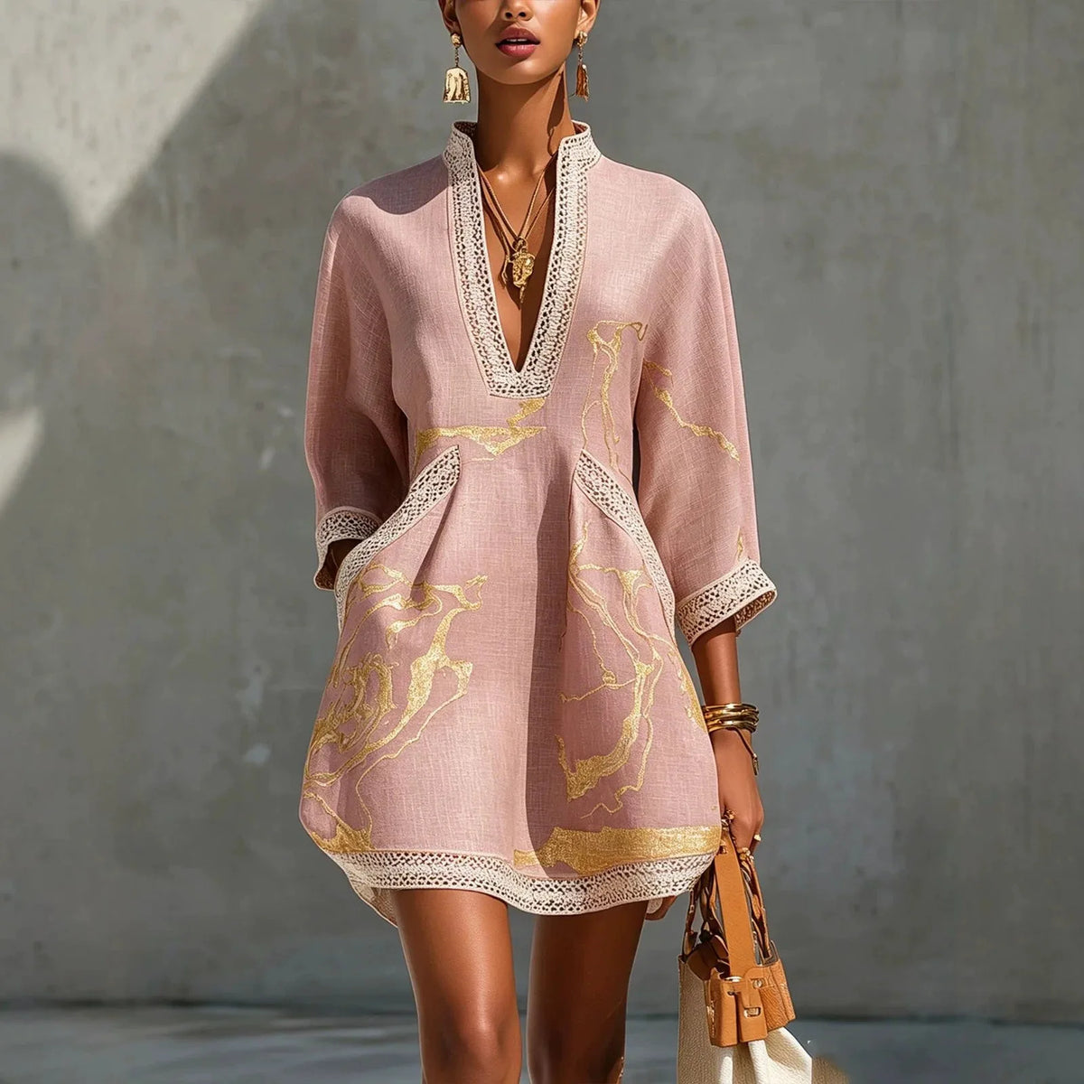 Elegant Mini Dress for Women Fashion Lace Trim V Neck Abstract Print 3/4 Sleeve Pocket Dress Casual Commuting Vacation Dresses