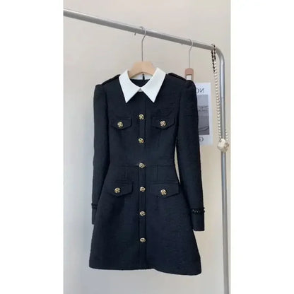 French High end Black Dress Autumn New Korean Fashion Commuter Polo Neck Long Sleeve Slimming A-line Mini Dresses for Women