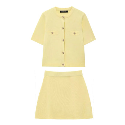 HH Women's Elegant Suit Round Collar Single-Breasted With Short Sleeve Pocket Knitted Top+Elastic Waist Mini Skirt Set
