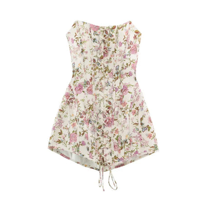 Floral Printed Off The Shoulder Lace‑up Mini Dress Strapless Waist-cinching Corset Short Dresses 2026 New Women's Party Outfits