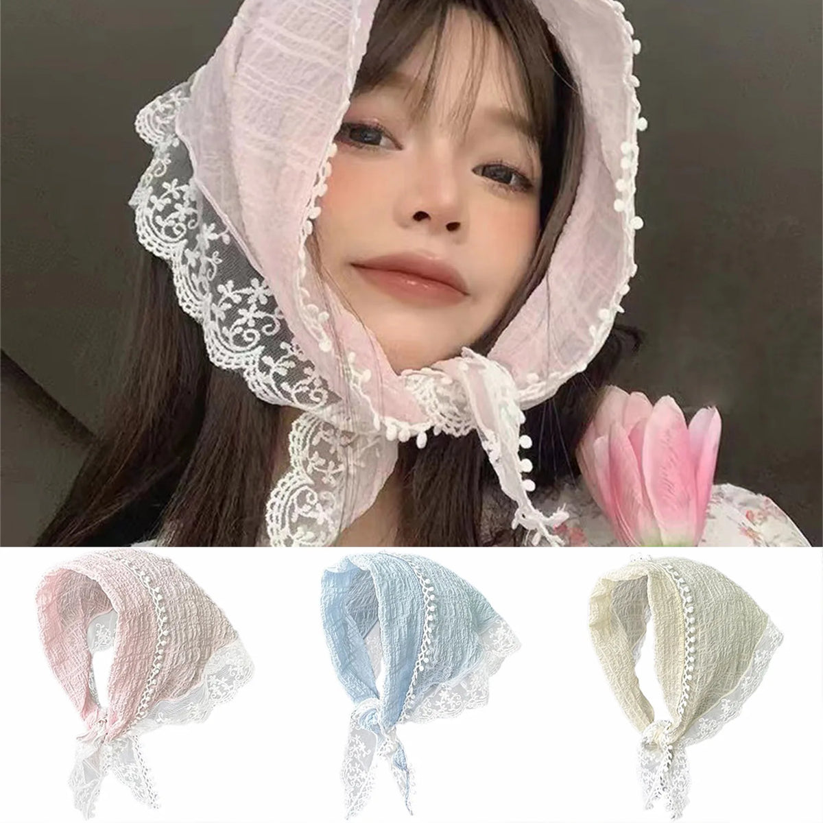 Women's Lace Scarf Headband for Women Non Slip Floral Lace Hair Kerchief Head Scarf for Hair Styling Decor 53*34cm