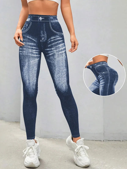 Women Imitation Jeans Leggings Gym Yoga Pants Casual Elastic Workout Exercise Fitness Running Tights Leggings
