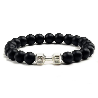Bracelet en pierre volcanique naturelle pour hommes, perles mates noires, breloque haltère, bracelets à breloques pour femmes, bijoux de fitness