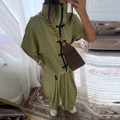 Ensemble décontracté pour femme en lin, 2 pièces, chemise ample à lacets et boutons, pantalon large, collection printemps-été 2026, tenues de vacances pour femme