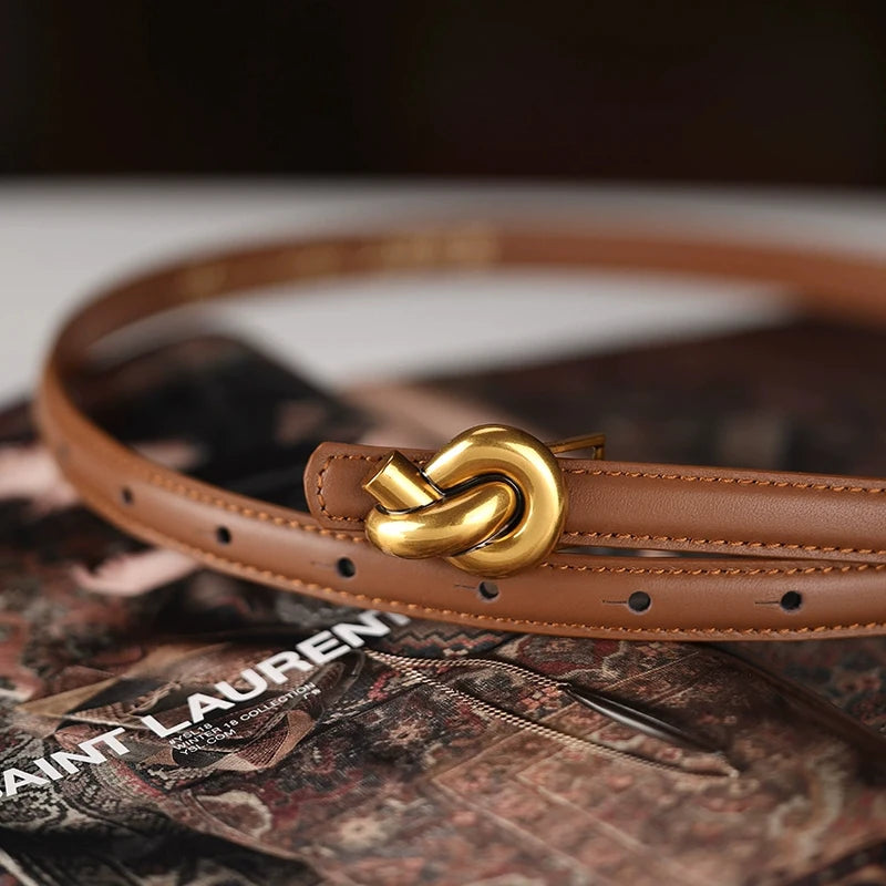 Premium Genuine Leather Women's Fashion Belt with High-Quality Metal Knot Buckle for Dresses and Jeans