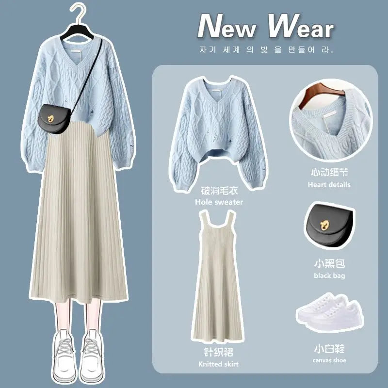 Women's Knitted Sweater Skirt Two Piece Set Women Slim Elegant Tops Female Sweater Dress Suits Lady Knitting Outfit
