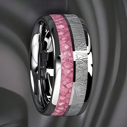 Bagues de mode en acier inoxydable argenté de 8 mm pour hommes, bagues incrustées de météorite en coquille d'ormeau rose pour hommes et femmes, bijoux de mariage