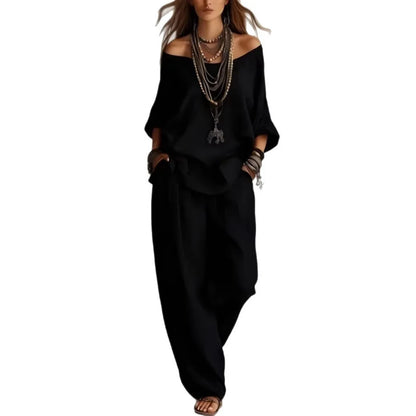 Women's 2 Piece Outfit Casual Loose Off Shoulder Long Sleeve Top & Wide Leg Pants Set Elegant Solid Color  Matching for Summer