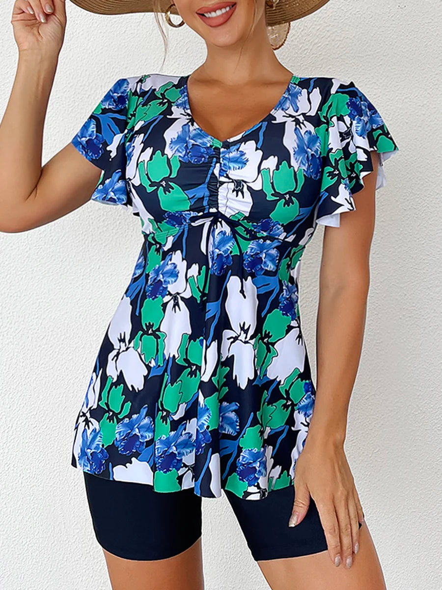 Two Piece Swimsuit Women 2026 Printed Tankini Set Tie Front Drawstring Swimwear Female Bathing Swimming Suit Beachwear Summer