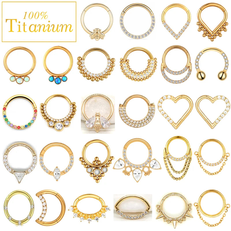 Anneaux de nez en titane G23, clicker de septum articulé, segment pour l'oreille, le tragus, le cartilage, l'hélix, le daith, le piercing labial, bijoux, boucles d'oreilles dorées