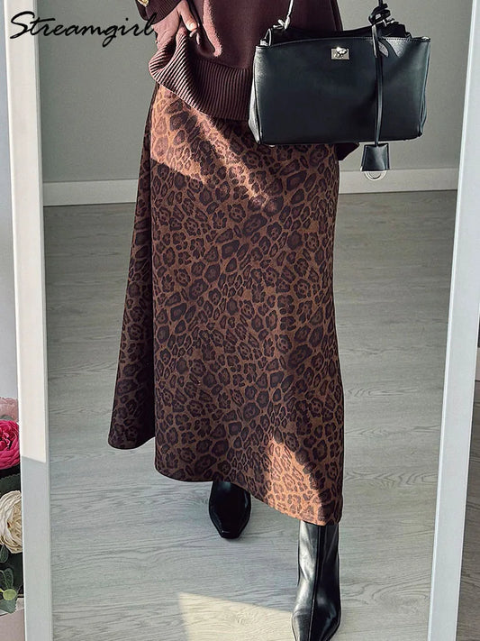 Jupe longue en daim imprimé léopard pour femme - Jupe longue trapèze marron vintage pour femme - Jupes longues en daim chaudes léopard pour l'hiver