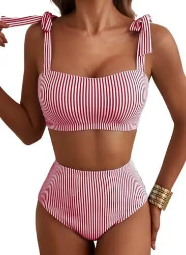 Women Two-piece Halter Vest Swimwear Sexy Striped Ruffle High Waisted Bikinis Set Female Bathing Suit Tie Strap Beachwear