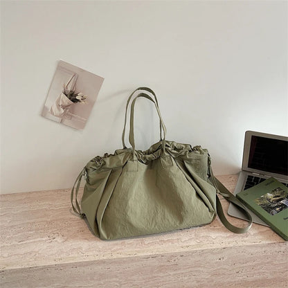 Big Drawstring Bucket Shoulder Bags For Women Nylon Fabric Lightweight Large Capacity Shopper Totes Pure Color Practical Handbag