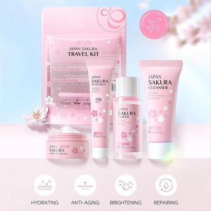 Coffret de soins pour la peau Sakura Nettoyant facial, Sérum, Tonique, Crème solaire, Crème faciale Soin de beauté pour femmes Cadeaux Routine Trousse de voyage