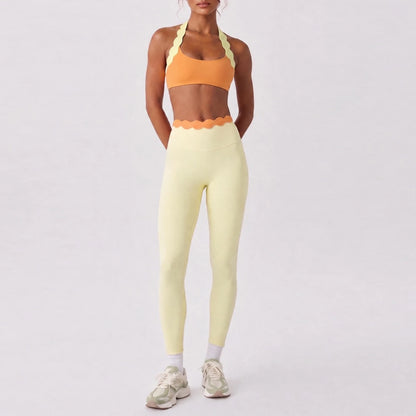 Women 2 Piece Yoga Set Contrast Scalloped Trim Halter Sports Bra Criss‑Cross Back High Waist Leggings Workout Clothes Gym Set
