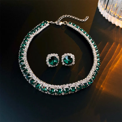 Luxury Green Rhinestone Necklace Stud Earrings For Women Crystal Choker Necklaces Ladies Fashion Weddings Banquet Jewelry Set K