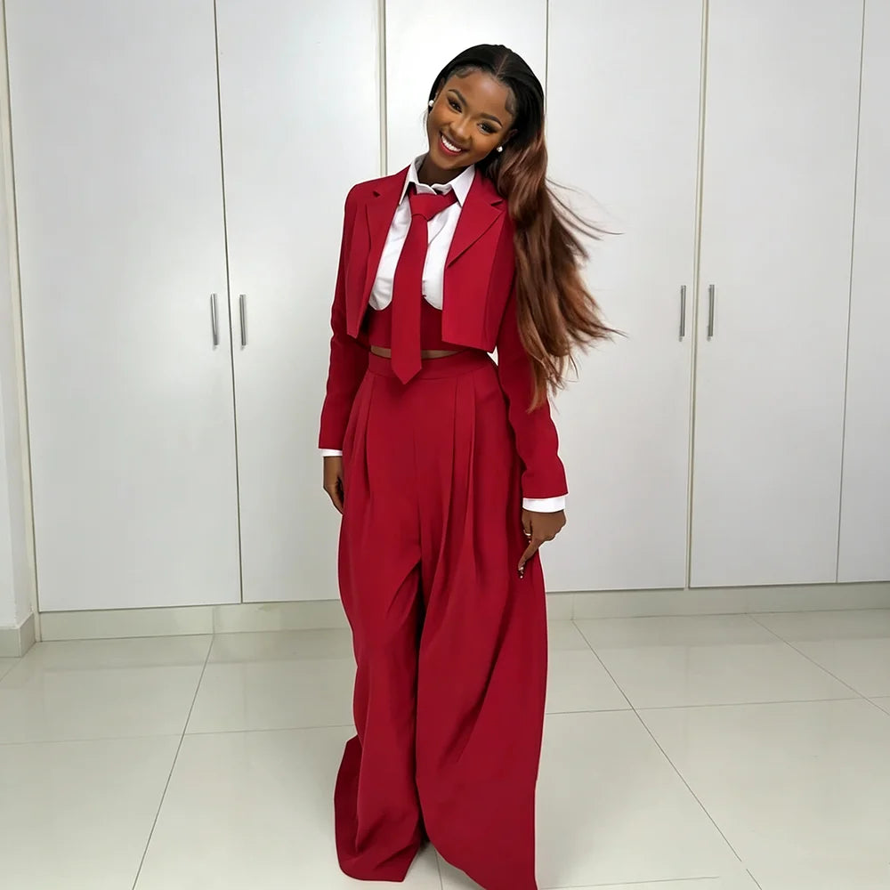 Women's Red Suit Two Piece Set Short Blazer+Wide Leg Pants Elegant Formal Fashion Daily Smart Casual Party Tuxedo Customized