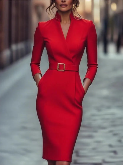 Elegant Party Prom Dress For Woman Spring Autumn Fashion V-neck High Waist Long Sleeves Mid-length Dresses Ladies Solid Vestidos