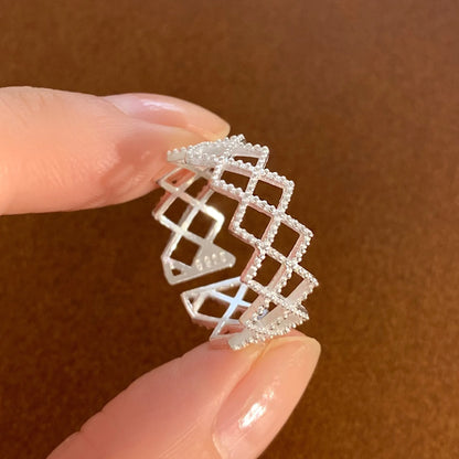 Bagues en argent sterling 925 pour femmes, bijoux fins géométriques, bague ajustable en toile creuse avec zircone cubique pour fête d'anniversaire
