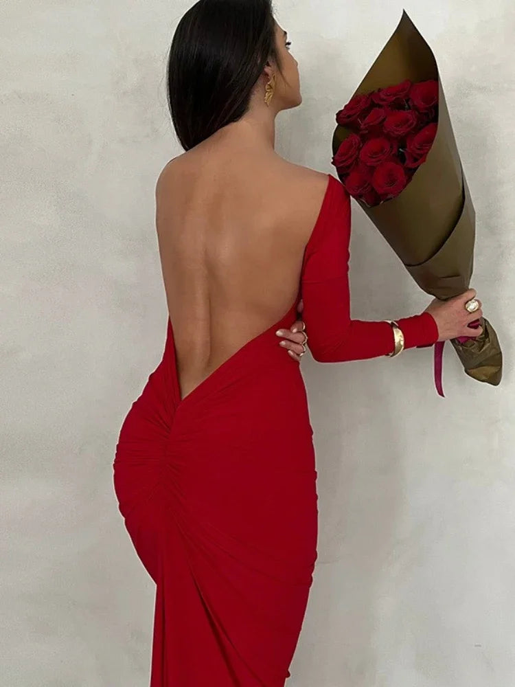 BOOFEENAA Pleated Open Back Long Sleeve Maxi Dress for Birthday Women Black White Elegant Evening Gown Party Dresses C15-BI37