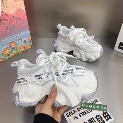 Women's shoes 2025 new lace up sponge cake mesh thick sole dad shoes women's sports and leisure shoes