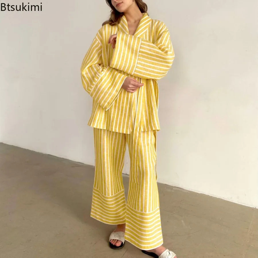 Women's Two-piece Set  Autumn New Striped Long-sleeved Loose Lace-up Top High-waisted Trousers Fashion Casual Suit for Women