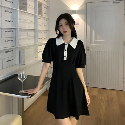 Women's Mini Dress Contrast Polo Collar with Puff Sleeves Pleated Skirt
