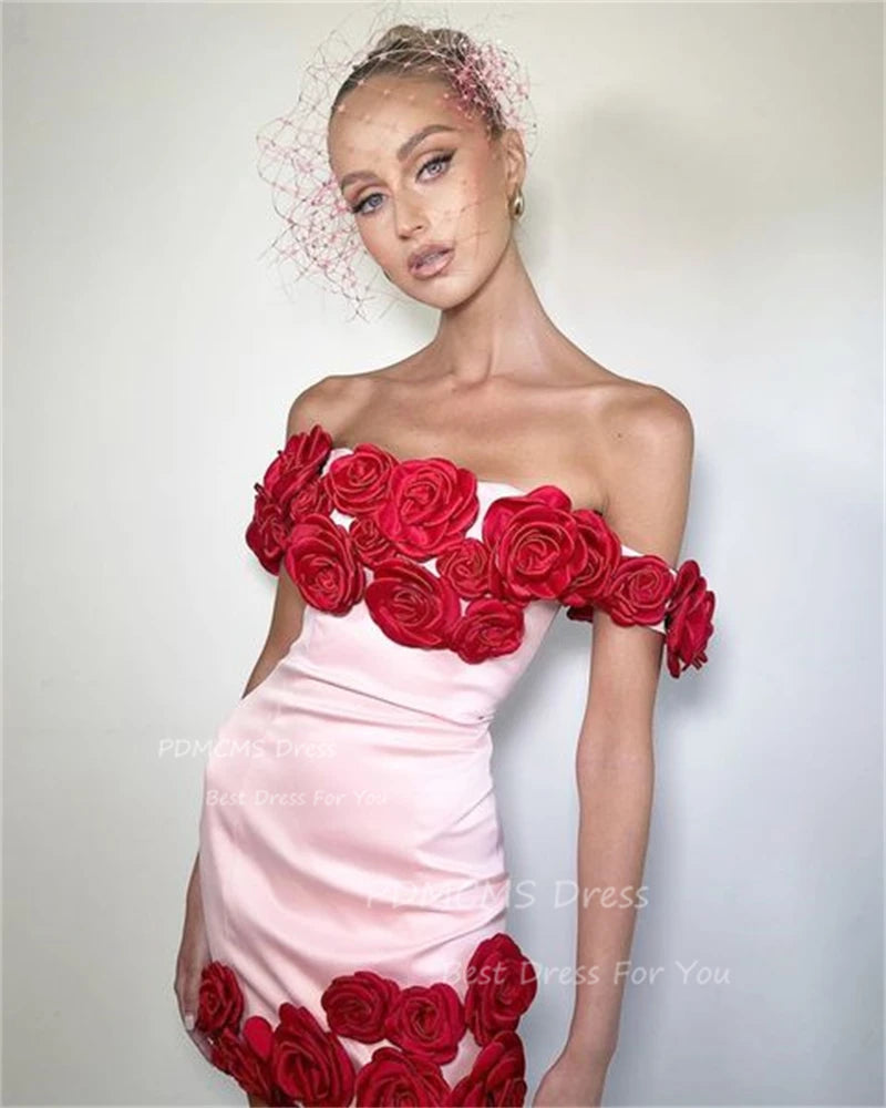 Trendy Pink Short Party Dresses Lady Red Flowers Mini Sexy Cocktail Dress Night Event Prom Gowns Boat Neck Summer Skirt Birthday