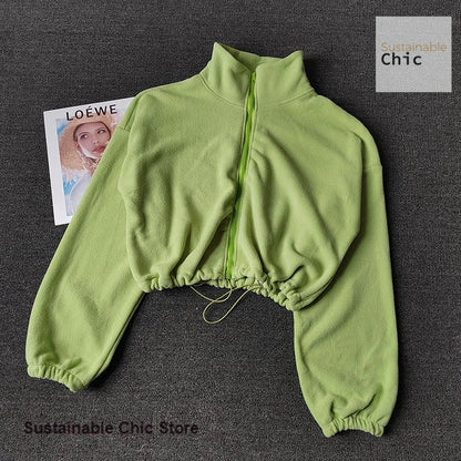 Korean sports coat lambswool collar loose drawstring zipper sweater women autumn and winter fashion hot girl warm yoga clothes