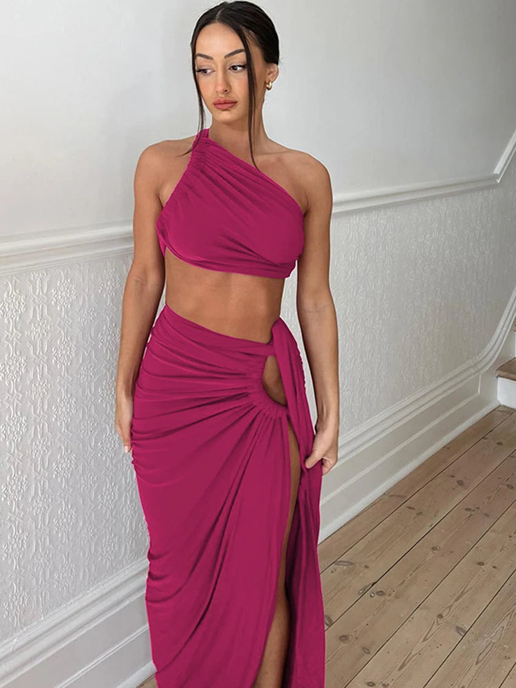Beyprern Making Wishes Skirt Set Green Ruched Crop Top And Maxi Split Skirt Co Ord Set Women Bandeau Skirt Set Two-Piece Dress