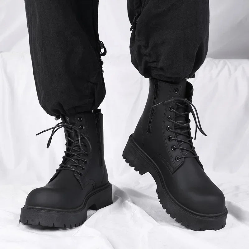 2025 hot sale Spring New Fashion Casual Simple Black British Style Men's Boots High Top Waterproof Casual Leather Boots