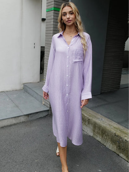 New Design 2025 Women Summer Long sleeve Basic Shirt Maxi Long dress