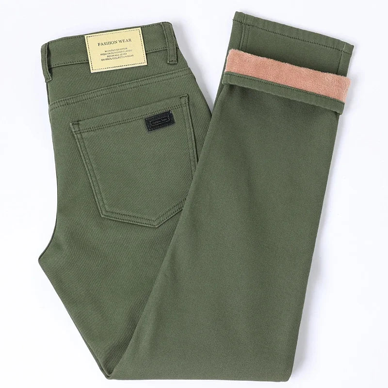 Winter Fleece Jeans Men's Cotton Soft Elastic Fit Straight Warm Plus Velvet Denim Pants Thick Fashion Korean Casual Trousers