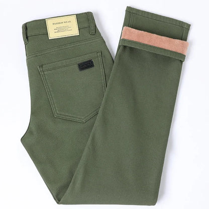 Winter Fleece Jeans Men's Cotton Soft Elastic Fit Straight Warm Plus Velvet Denim Pants Thick Fashion Korean Casual Trousers