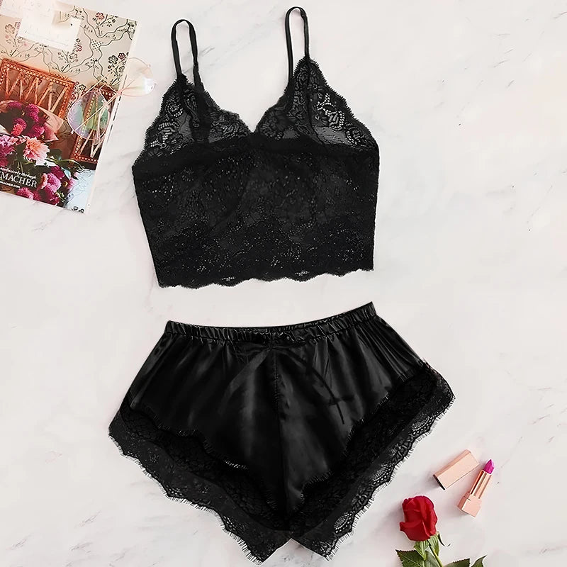 Ensemble de pyjama sexy 2 pièces en dentelle pour femme, nuisette transparente et short, vêtement de nuit respirant, grande taille, lingerie d'été.