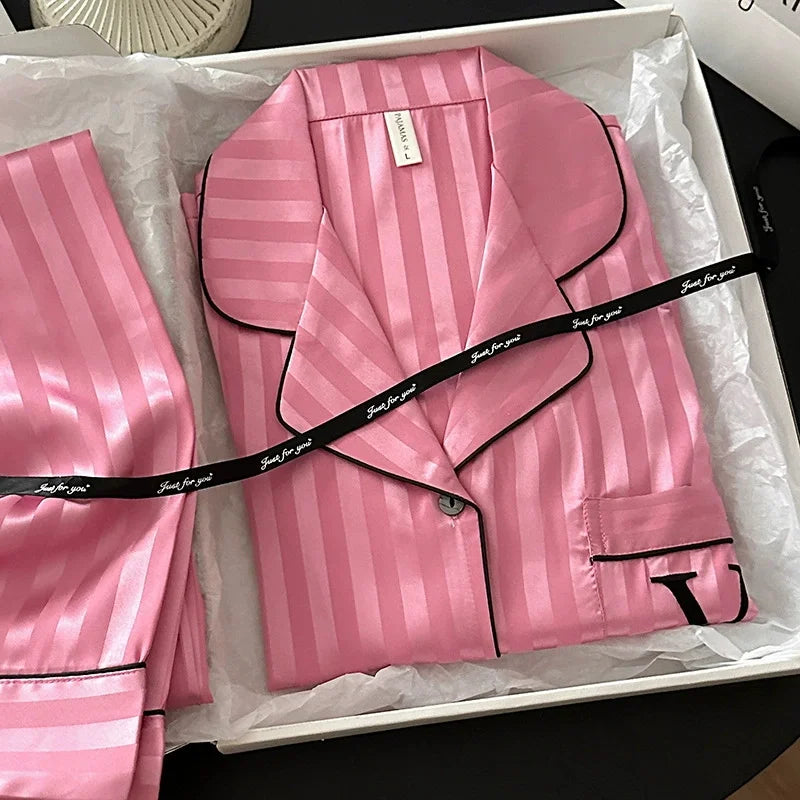 Women Two-Piece Pajamas Lady Sleepwear 2025 New Classic Female Housewear Simulated Silk Summer Cool Long Sleeve Trousers Suit