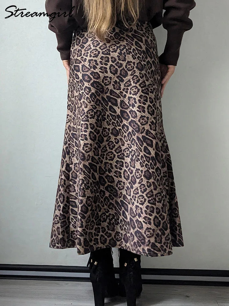 Jupe longue en daim imprimé léopard pour femme - Jupe longue trapèze marron vintage pour femme - Jupes longues en daim chaudes léopard pour l'hiver