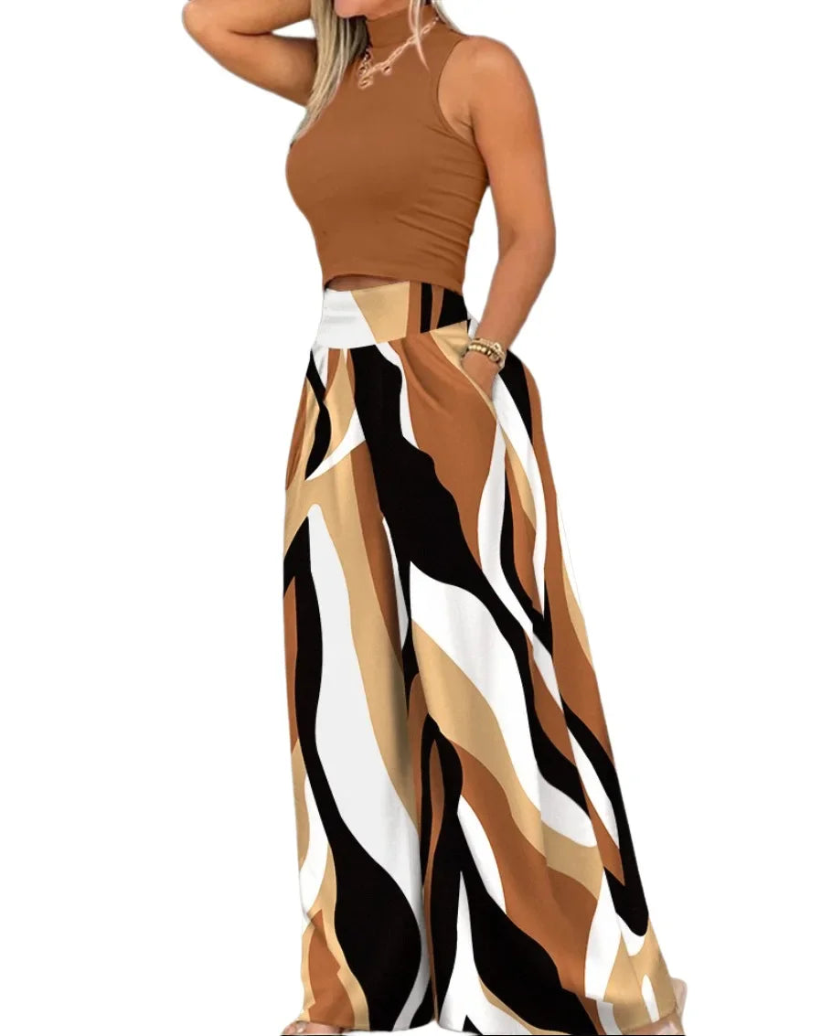 2025 Women's Pants 2 Piece Set  Loose Wide Leg Pants Overall High Waist Sleeveless Printed Fashion Casual pants sets