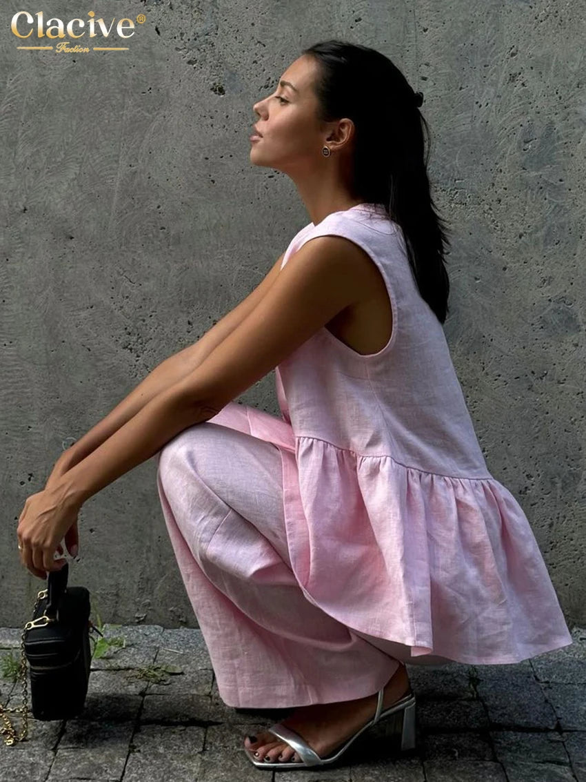 Clacive Summer Loose Pink Cotton 2 Piece Set Women Outfit 2025 Fashion Sleeveless Tank Top With High Waist Wide Pants Set Female
