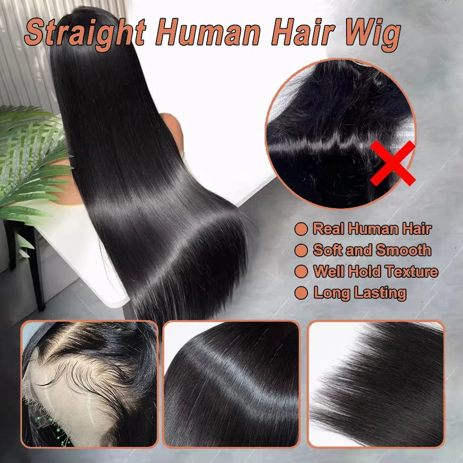 Perrque de cheveux brésiliens humains 4x4 sans colle, prête à porter, de 36, 38, 40 pouces, perruques frontales en dentelle HD transparente 13x4 13x6, lisses comme des baguettes.
