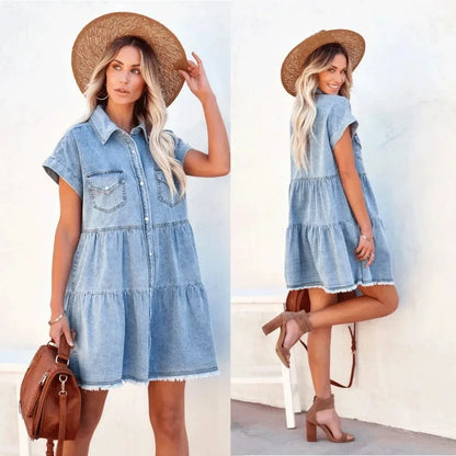 Mini Dress Women Vintage Denim Dresses Distressed Turn Down Collar Single Breasted Pockets Splice Vestidos 2025 Streetwear