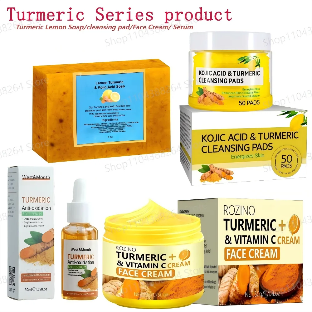 Savon au curcuma et citron / Coussin nettoyant / Crème visage / Sérum - Gamme de produits de soin au curcuma pour éclaircir le teint et nourrir tous les types de peau